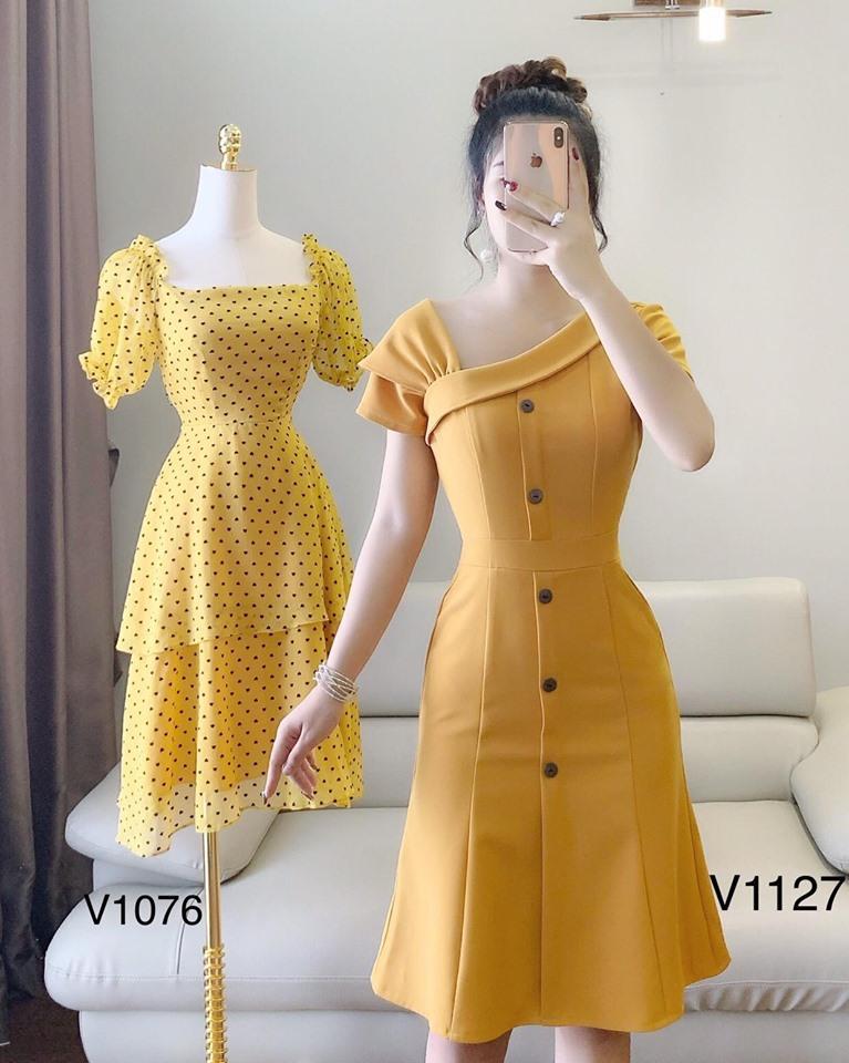 Đầm cổ chéo phối nút vàng chanh trẻ trung beyeu1688- by8140