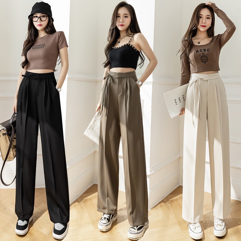 Quần ống rộng nữ lưng cao thắt dây nơ 1 bên quần culottes ống suông công sở dáng dài nhiều màu mặc đi học làm