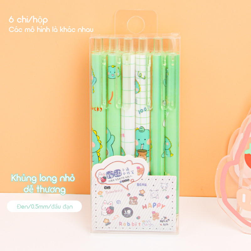 Set of 6 cute ballpoint pens, Bear Rabbit House, with cute patterns in black