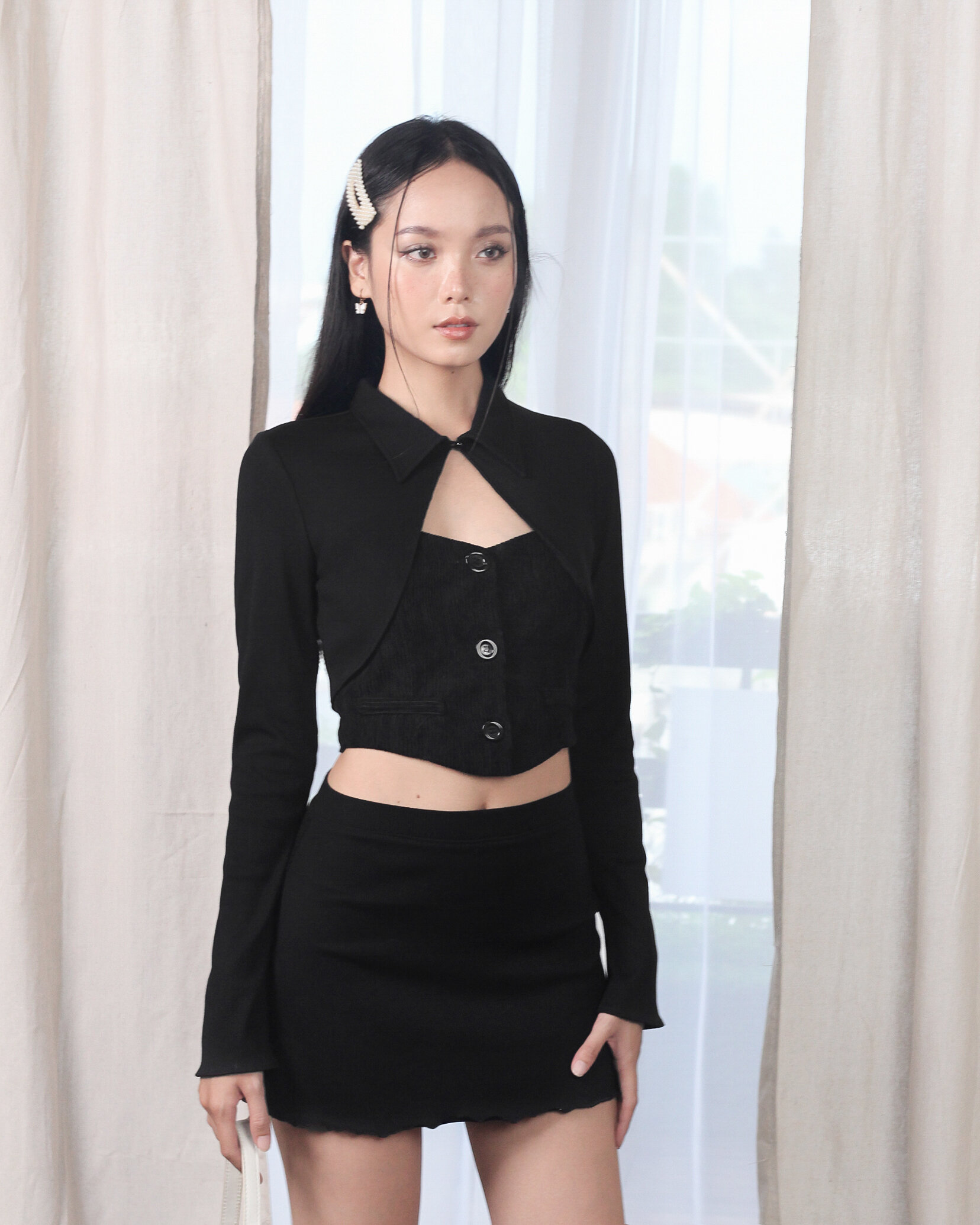 DALLA Áo cardigan croptop thun cổ sơ mi (CDG05)