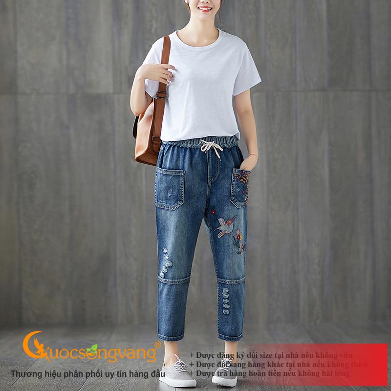 Quần jean nữ kiểu nhật màu xanh đen quần baggy nữ thêu GLQ122 Cuocsongvang