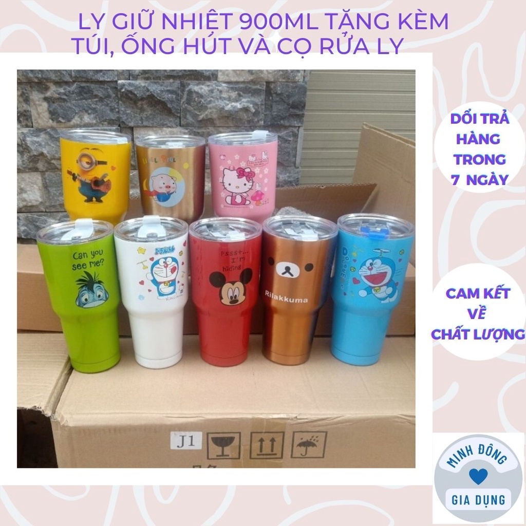 Cup heat preservation Thailand 900ml gift with bag, straws and brush wash cup, heat preservation Cup cartoon stainless steel 304 high grade