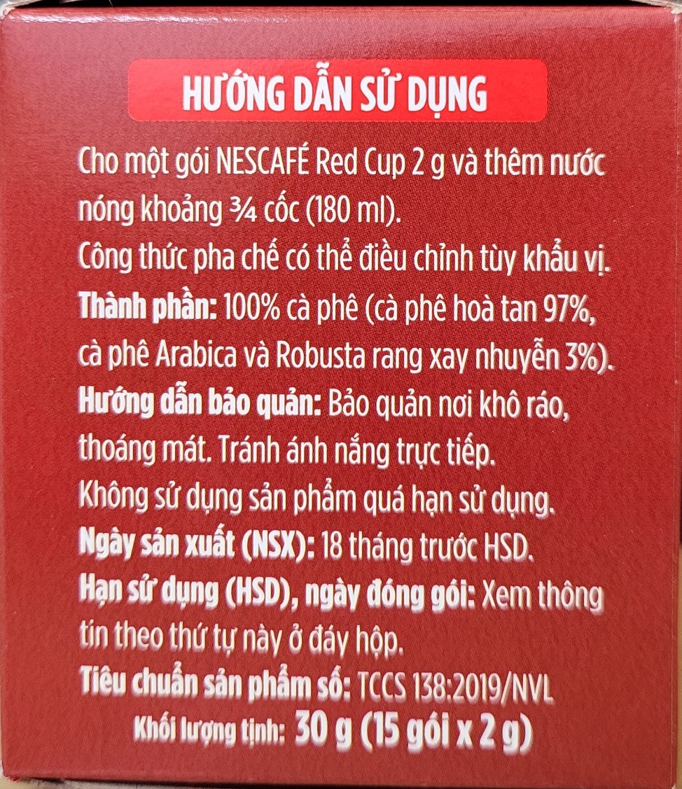 NESCAFE (hộp RED CUP 30gr / 15 gói) CÀ PHÊ HÒA TAN NESTLE Red Cup Coffee