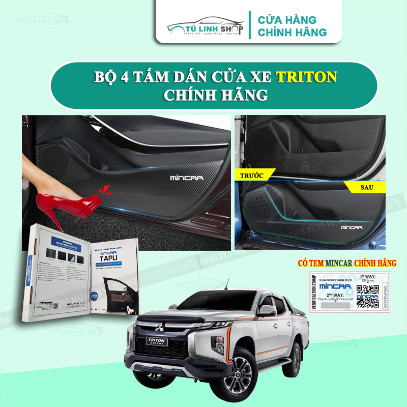 Bộ 4 tấm dán tapli xe triton chính hãng mincar, chống xước tapi cửa ô tô bằng carbon air fiber cao cấp