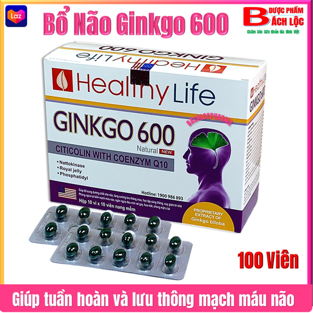 Viên Uống Bổ Não Healthy Life Ginkgo 600- Giúp Tăng Cường Tuần Hoàn Máu Não, Giảm Huyết Khối, Giảm Nguy Cơ Tai Biến, Cải Thiện Chứng Mất Ngủ, Hỗ Trợ Tinh Thần Sảng Khoái Khi Thức Giấc