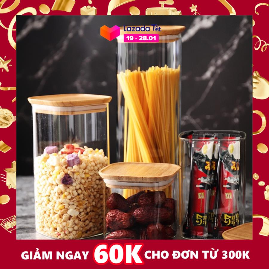 Lọ Thủy Tinh vuông Đựng Thực Phẩm Có Nắp Gỗ Tre Tiện Dụng