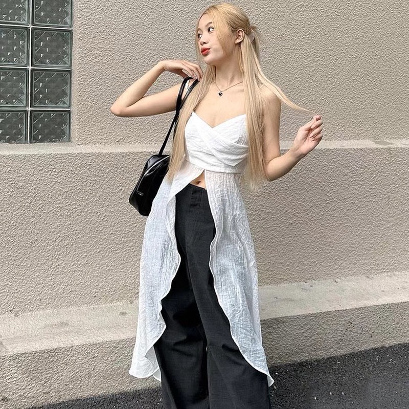Áo 2 dây đũi xẻ tà dáng dài vạt cách điệu rose top
