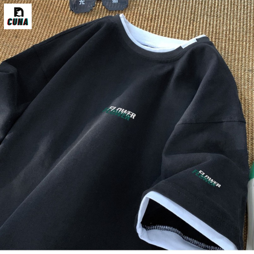 Áo phông form rộng cuna áo thun tay lỡ nam nữ form rộng unisex phối layer cotton 100% in chữ local brand flower