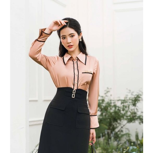 Áo sơ mi lụa be viền đen- Chất liệu lụa hàn cao cấp Orchid GH4S631