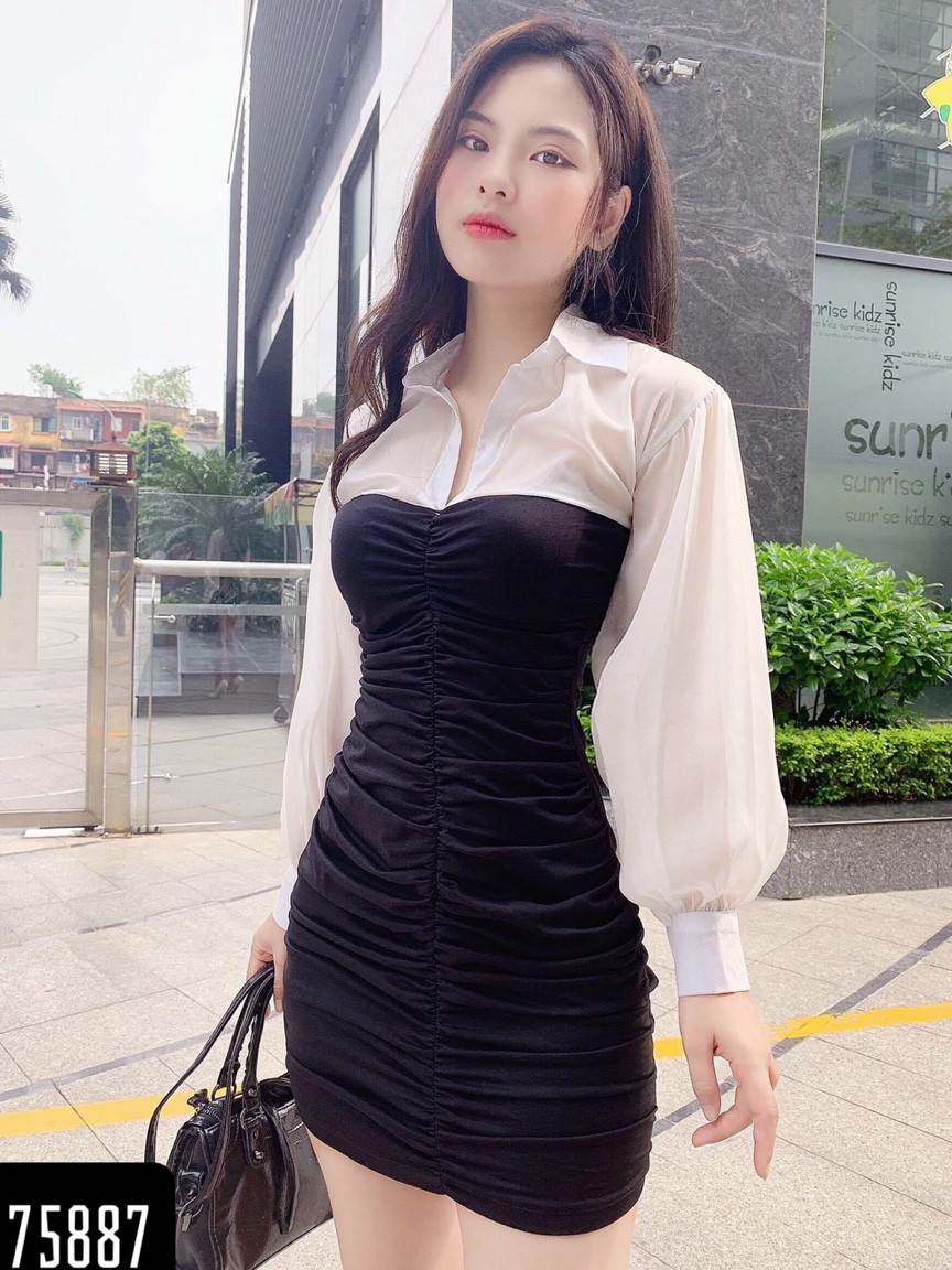 Đầm body sơ mi phối voan-HN#damnu