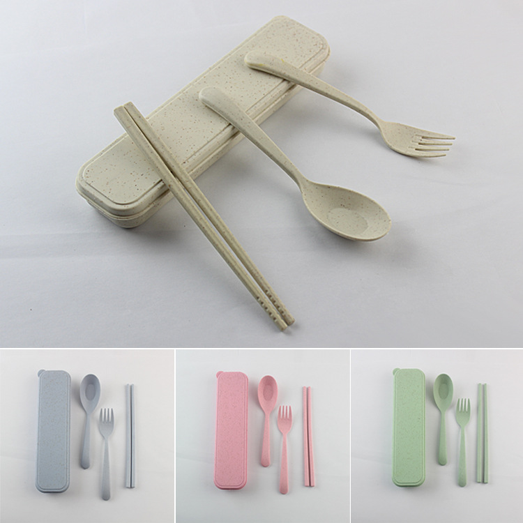 Bộ Hộp 3 Món Đũa, Thìa (Muỗng), Dĩa (Nĩa) Bằng Lúa Mạch Màu Pastel