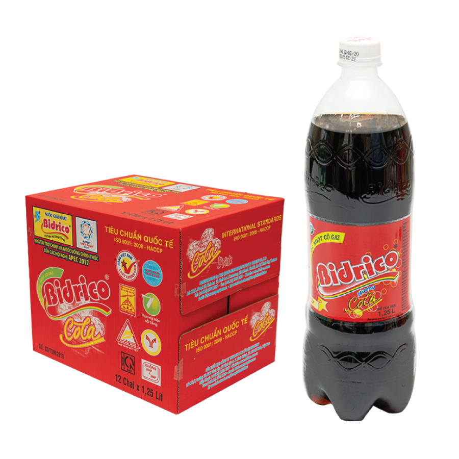 Thùng 12 chai Nước Ngọt Có Gaz Bidrico 1,25 Lít - Hương vị Cola