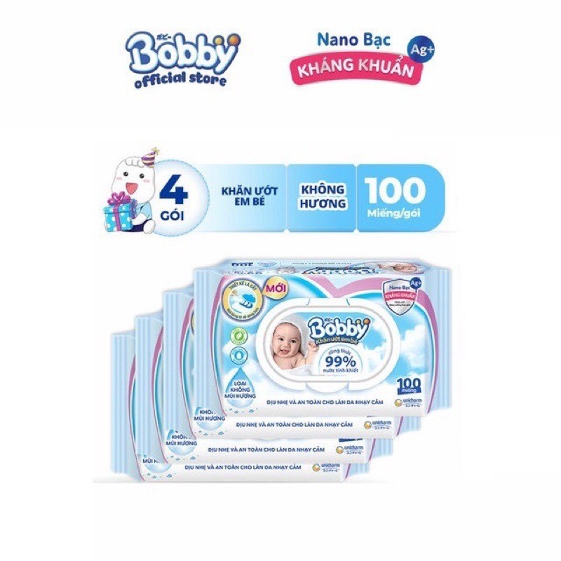 [HÀNG CÔNG TY] Bộ 4 gói Khăn ướt Bobby Care 100 tờ/gói