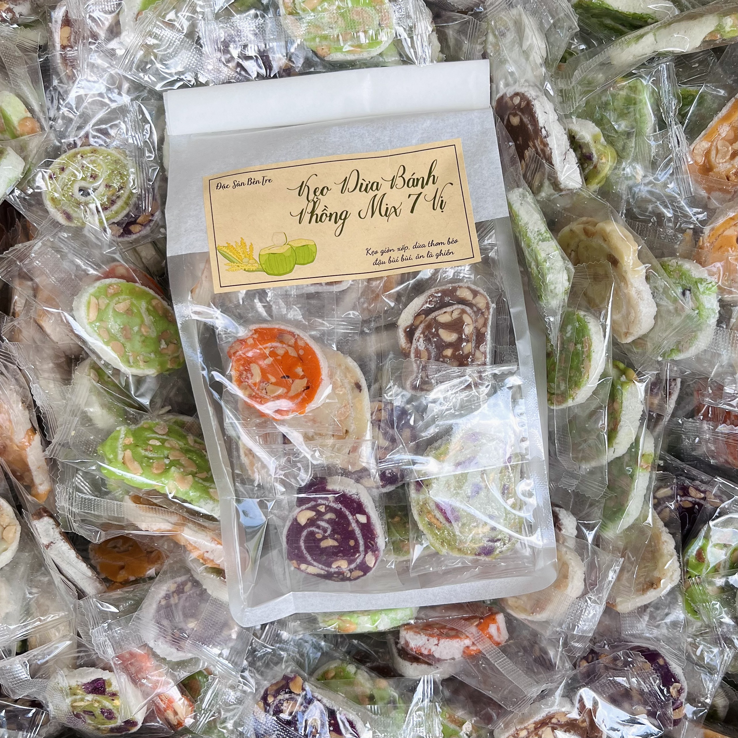 Túi 500G kẹo dừa cuộn bánh phồng mix 7 vị