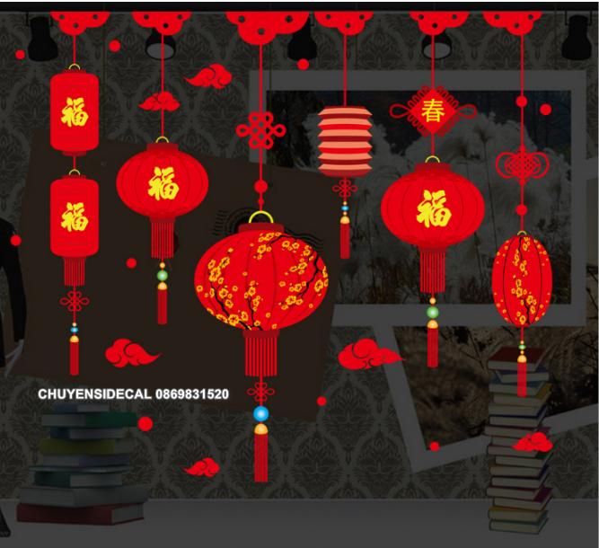 [HCM]Decal trang trí Tết - Lồng đèn hoa sắc đỏ