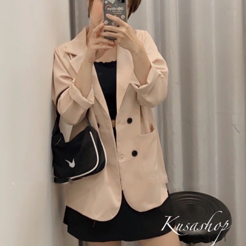 Áo Blazer Be Nhạt 4 Cúc Hàn Quốc ( Ảnh Thật, Sẵn)