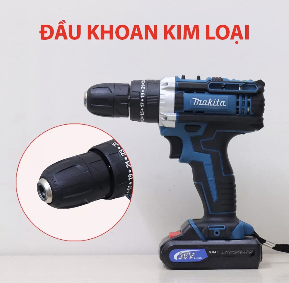 Máy khoan pin có BÚA makita 36v. (kèm 2pin và nhiều phụ kiện)