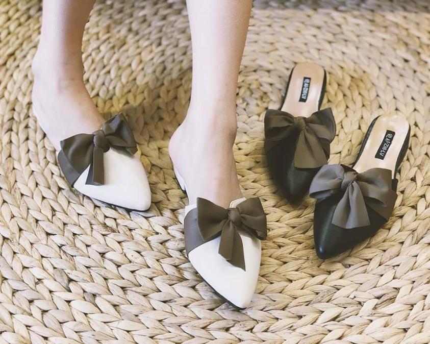 Dép sục nữ thắt nơ gót cao 3p mũi nhọn MC137 chất da lỳ bóng mềm không đau chân - Hàng hót nhất năm kèm ảnh thật giá rẻ
