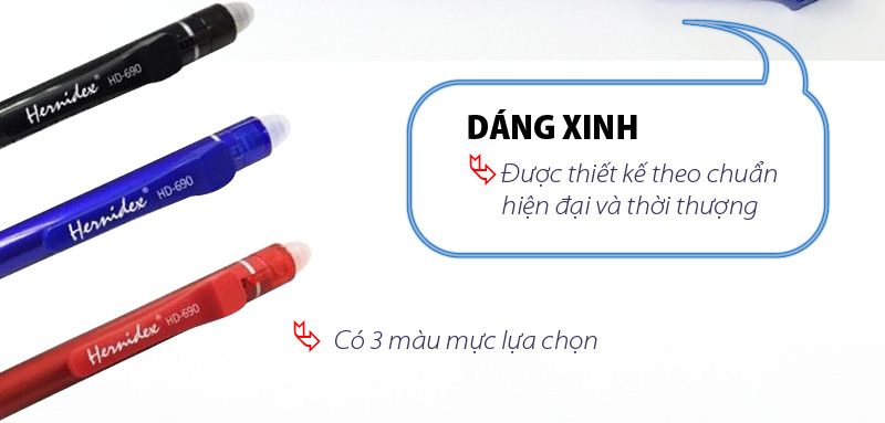 Bộ 3 bút bi có đầu xóa Hernidex xanh + đen + đỏ (HDBPE690-C3)
