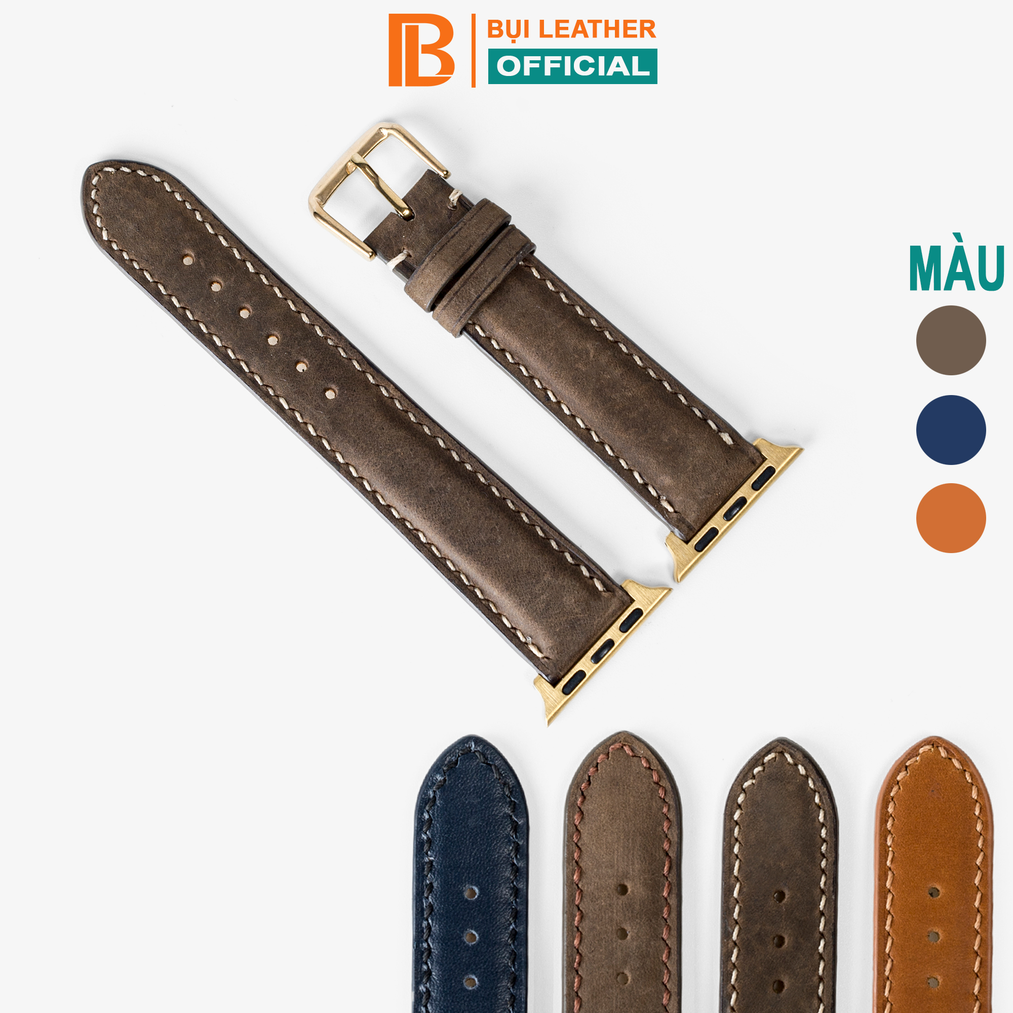 Dây apple watch da bò Vintage D116-da thật-khâu tay thủ công cao cấp, dây đeo apple watch series 3-series 4-series 5-series 6-se size 38mm-40mm-42mm-44mm, tặng tháo chốt, thương hiệu Bụi leather chuyên đồ da thật, bảo hành 12 tháng
