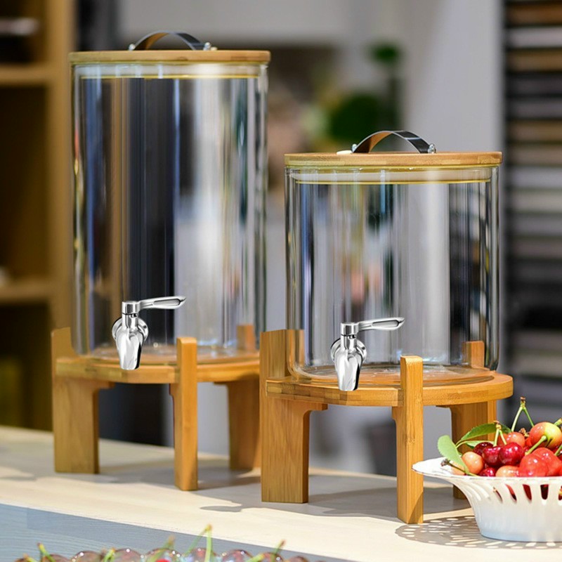 Bình Thủy Tinh Đựng Nước Sôi Nắp Gỗ Có Vòi Rót Kèm Kệ Gỗ