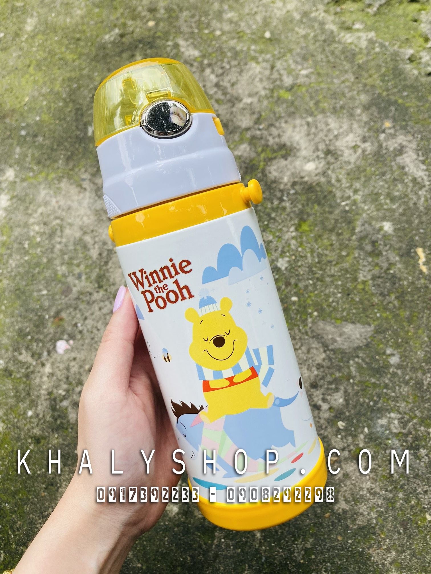 Bình nước giữ nhiệt nắp trong suốt có ống hút hình gấu Pooh dành cho trẻ em, các bé, học sinh - (350ml) - WD-3417
