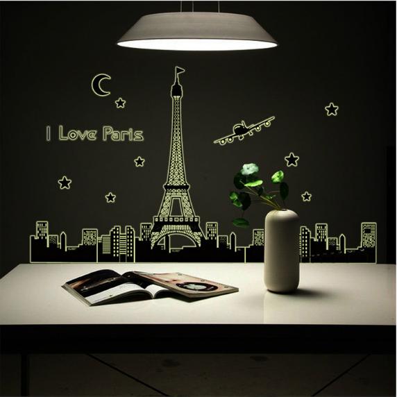 Decal trang trí tường - I LOVE PARIS - DẠ QUANG. Decal in trên chất liệu PVC  có keo sẵn ở mặt sau chỉ cần lột ra và dán.