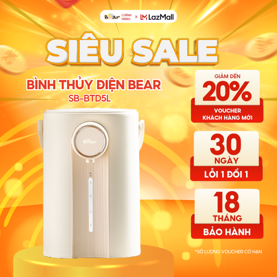 Bình Thủy Điện Đun Nước Nóng Bear 5L Đun Sôi Siêu Nhanh Khử Clo 11 Mức Nhiệt Có Đèn Dịu Nhẹ Ban Đêm SB-BTD5L