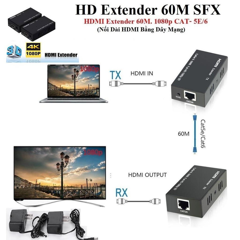 ( HCM ) Bộ Chuyển Hd Extender 60m Sfx ( Nối Dài Hdmi Bằng Dây Lan 60m ).