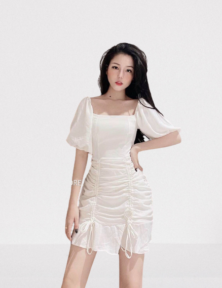 Đầm nữ suông dây rút hai bên cổ vuông tay ngắn đ 109