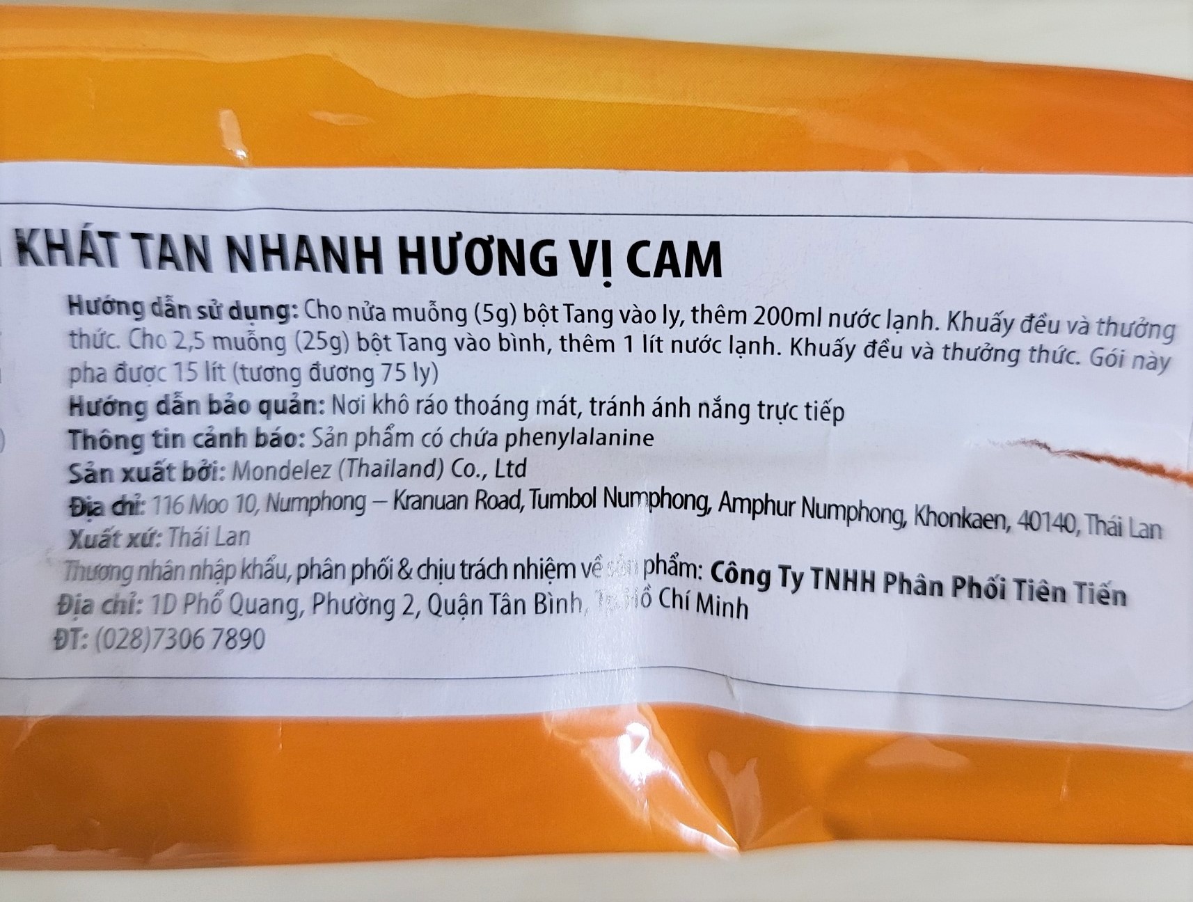 TANG (gói CAM 375g) BỘT CAM HÒA TAN Mondelez Orange Powder (HALAL)