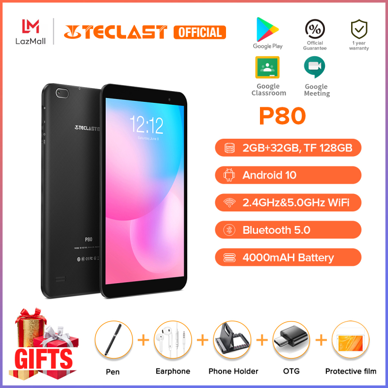 【2021 NEW】Teclast Official P80 8 Inch Android Tablet Android 10.0 OS IPS GPS Navigation Bluetooth 4.2 Dual Camera 2GB RAM 32GB ROM 1280x800 HD Screen Allwinner A133 Processor Tablet Murah 1 Year Warranty