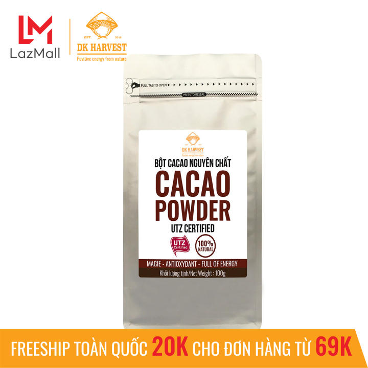 Bột Cacao nguyên chất cao cấp DK Harvest đạt chuẩn UTZ - Túi 100g - không đường, không pha trộn tạp chất, dễ tan, đậm đà