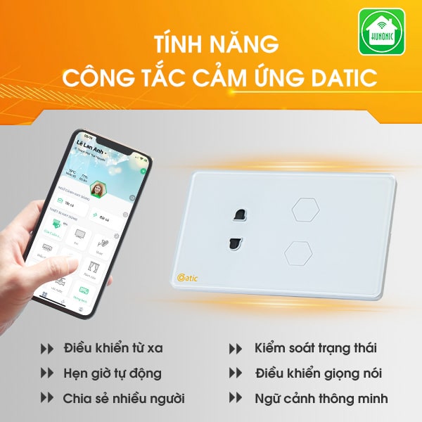 Công tắc cảm ứng Datic 2 nút kèm ổ cắm