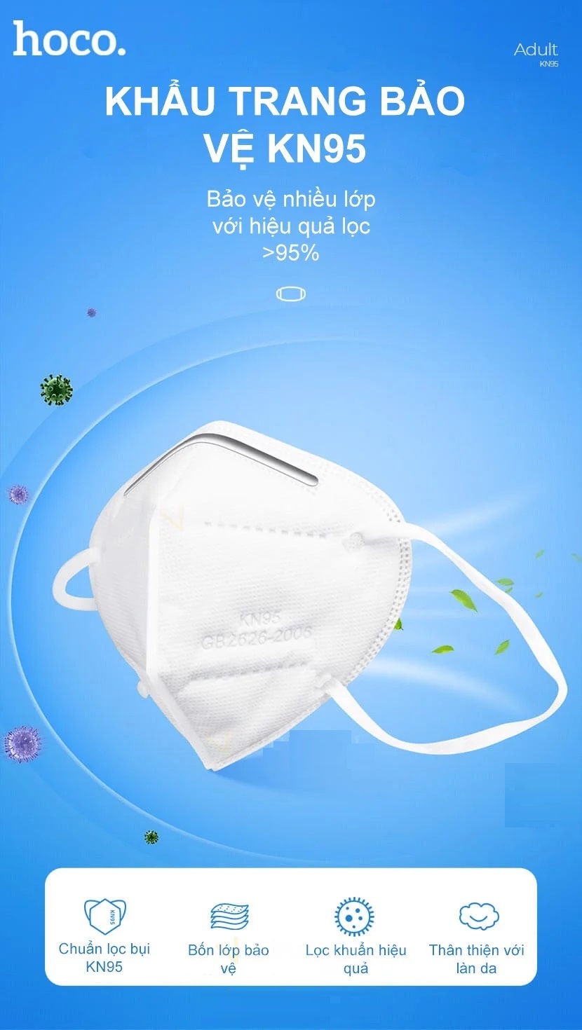 [HCM]Hộp khẩu trang y tế lọc bụi mịn Hoco KN95 ( 10 cái / hộp ) 4 lớp kháng khuẩn