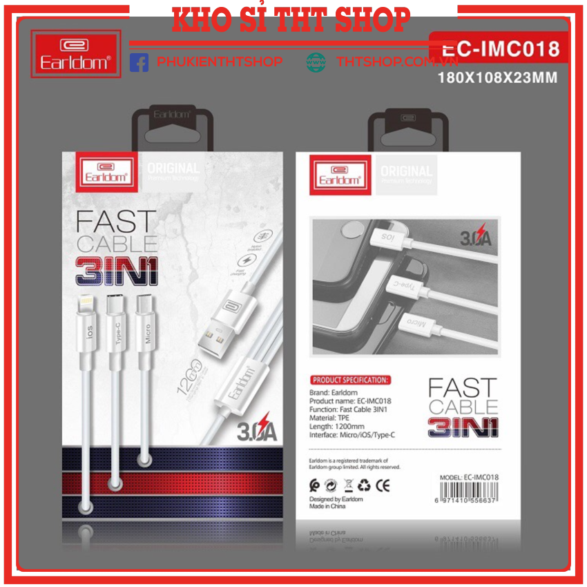 Cáp sạc 3 đầu hỗ trợ sạc nhanh bảo hành 12 tháng