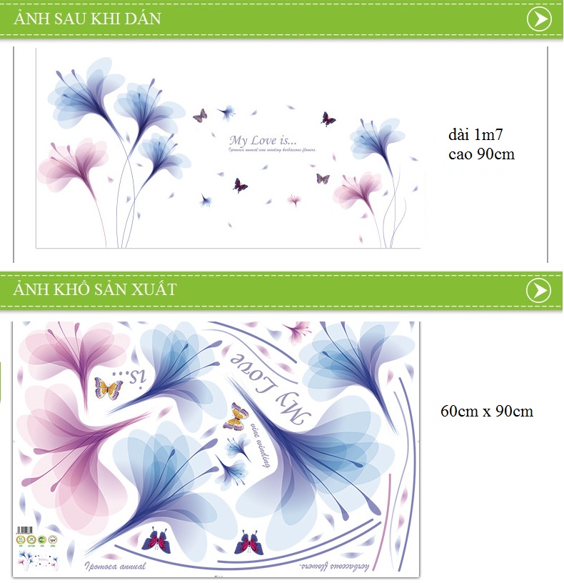 Decal dán tường Hoa pha lê tím xanh