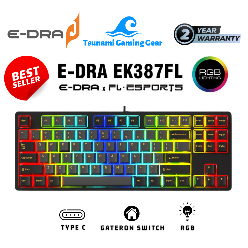 Bàn phím cơ gaming E-Dra EK387FL (RGB)/ EK387 Pro Gateron Switch/ Usb Type C - Hàng chính hãng