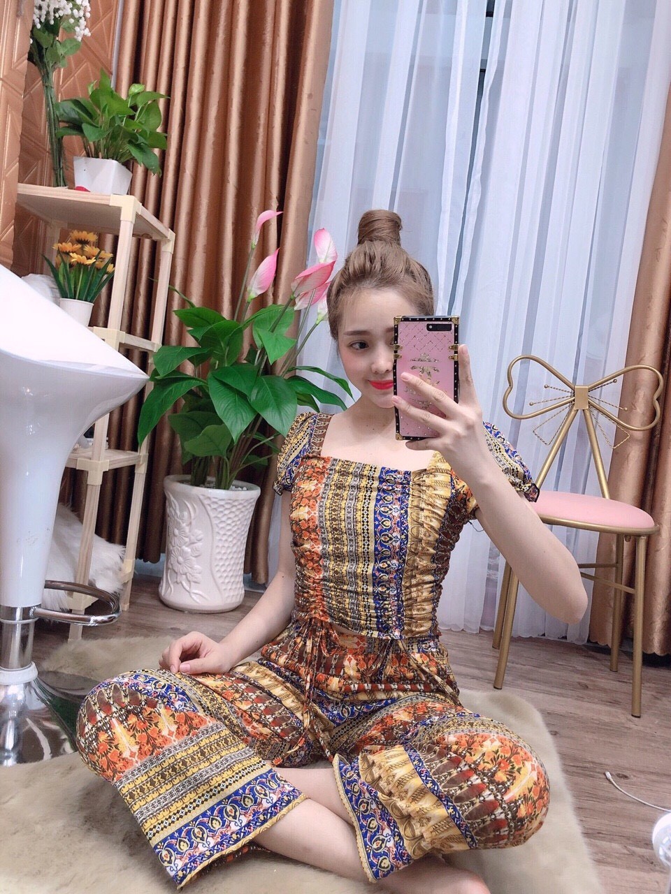 [HCM]Set bộ nữ thổ cẩm áo tay búp cổ vuông dây rút quần dài ống rộng