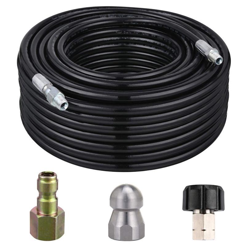 Sewer Jetter Kit for Pressure Washer, 1/4 Inch NPT x 50 FT Hose, Sewer Jetting Nozzle Button Nose, Orifice 4.0, 4400 PSI