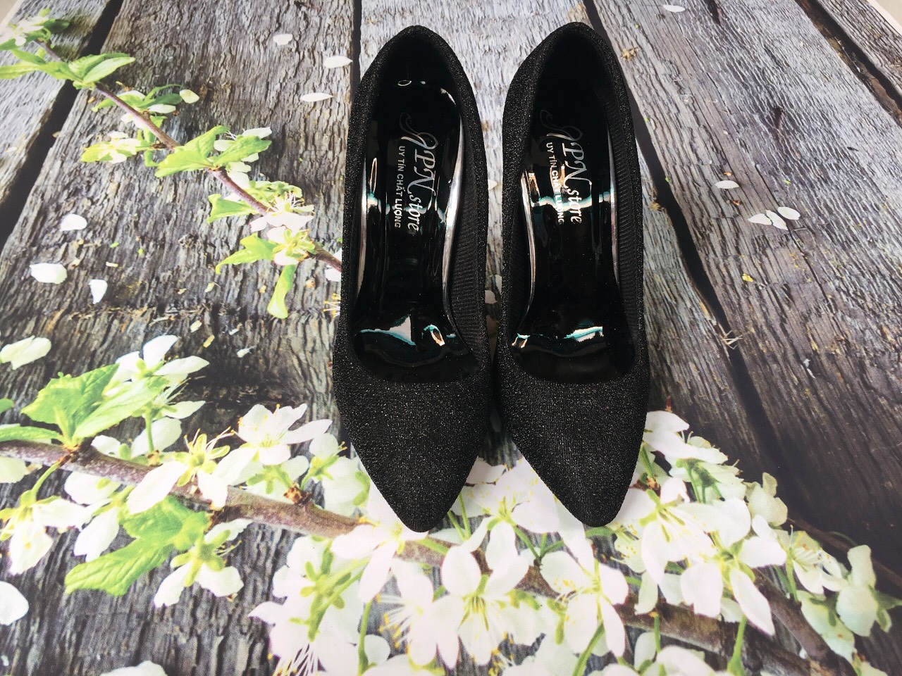 Giày Cao Gót Nhọn 8p Công Sở Kim Tuyến Đen