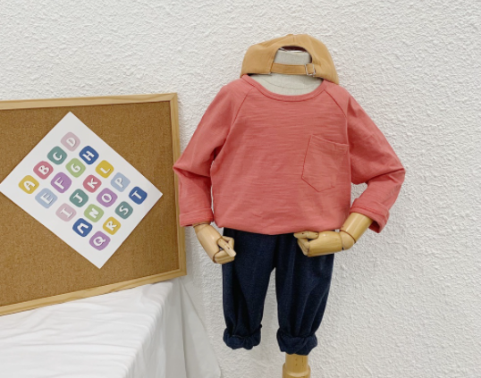 Áo phông dài tay cotton cho bé trai, bé gái trơn phối túi 6 màu basic