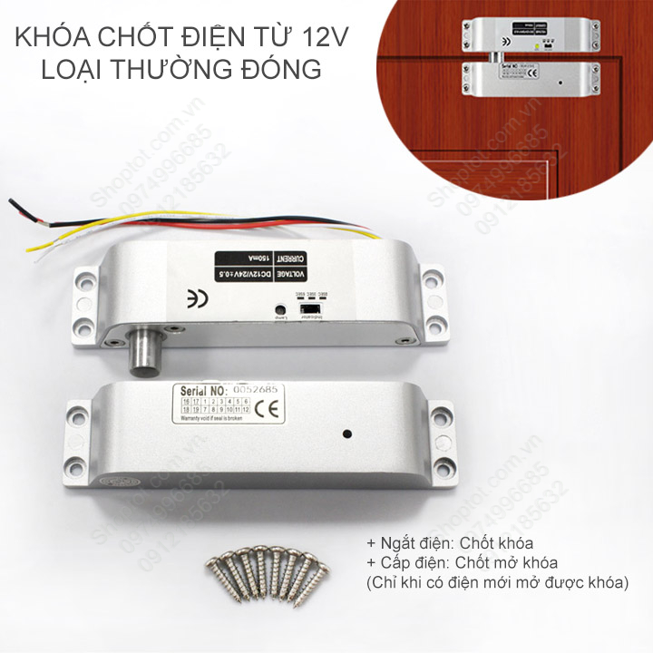 Khóa chốt cửa điện từ gắn cửa gỗ, nhựa, nhôm, loại thường khóa 12VDC (chỉ khi có điện mới mở được) có độ trễ 0-3-6 giây