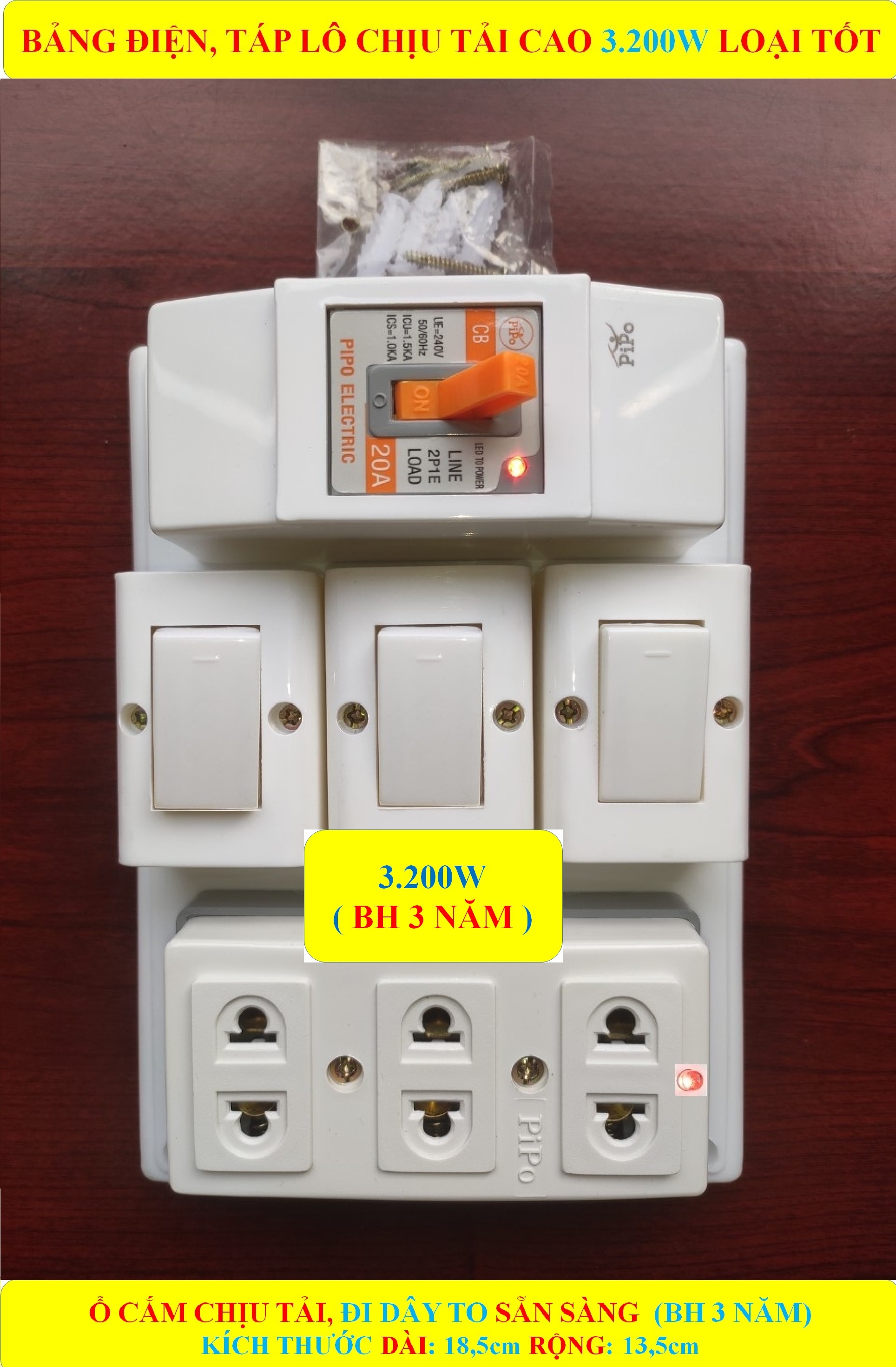 Bảng điện, Táp lô 3.200W LOẠI TỐT + + CB atomat 20A chống quá tải + 2/3 Công tắc + CÓ MÀNG CHE AN TOÀN + Ổ cắm lò xo bung chống giãn + Đi dây TO sẵn sàng + Bộ ốc vít lắp đặt