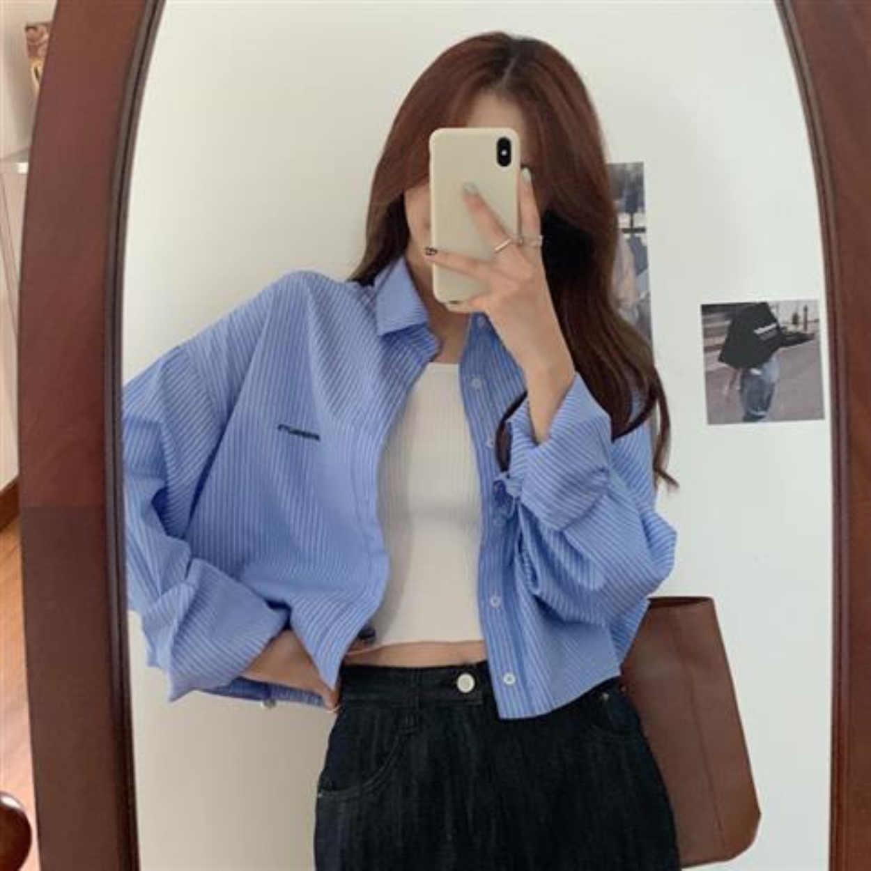 Áo sơ mi croptop tay dài kẻ sọc thêu họa tiết thời trang mùa hè xinh xắn dành cho nữ