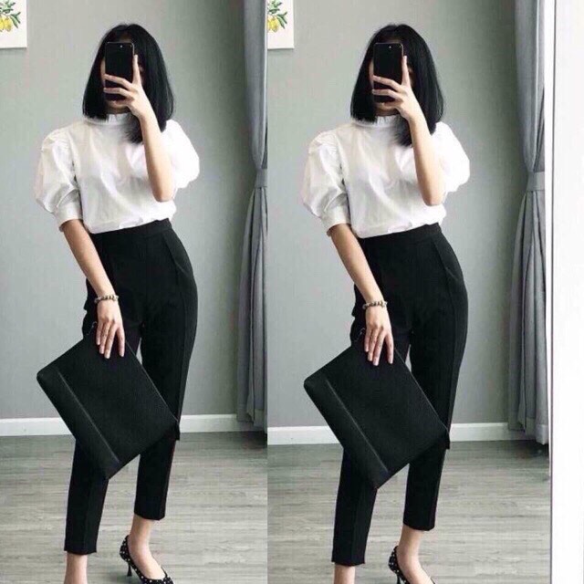 Quần tây công sở lưng chun màu đen lưng cao cho nữ-CHM-baggy công sở