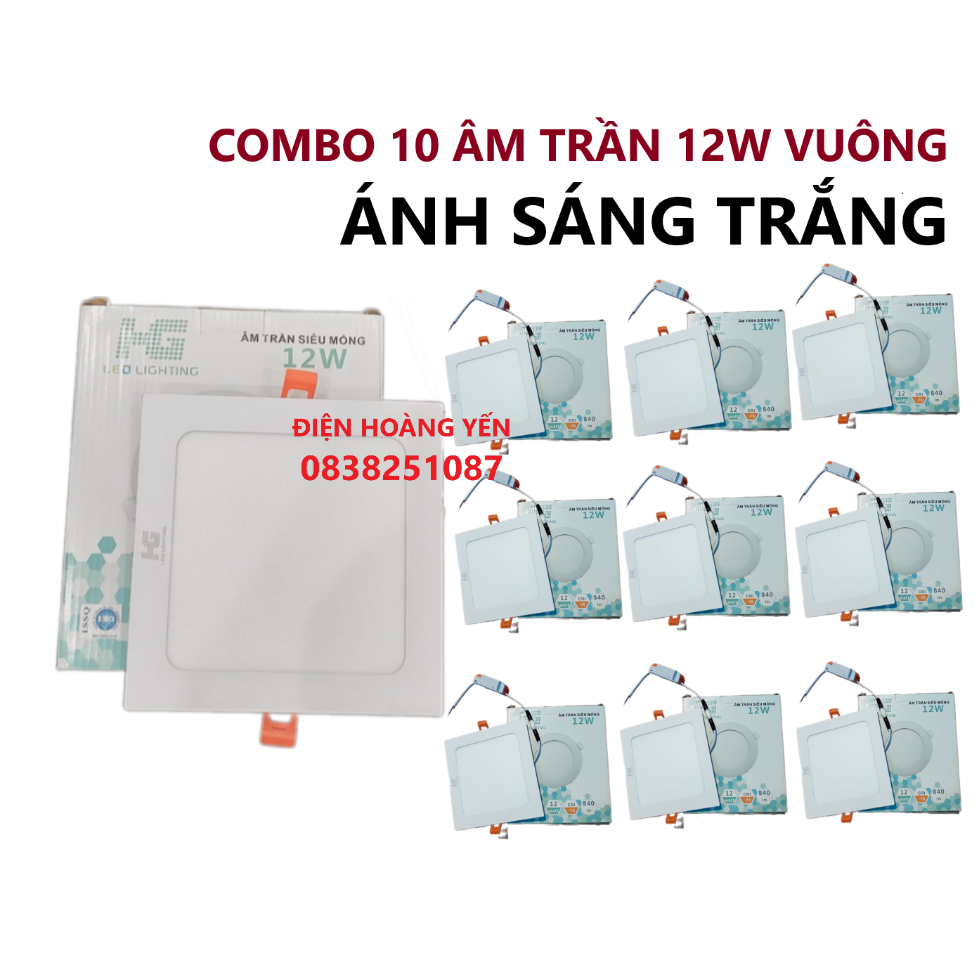 10 Đèn led âm trần 12W VUÔNG ánh sáng trắng