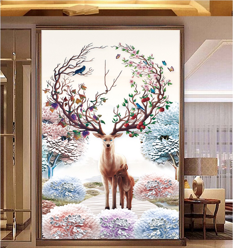 Tranh thêu chữ thập hươu tài lộc chỉ lụa - thêu kín