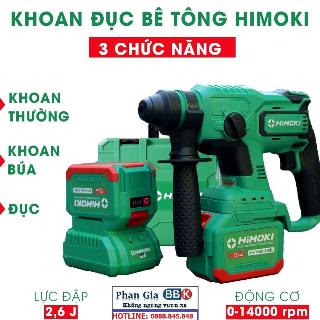 KHoan Bê Tông PIN Himoki HM-RH2603 3 Chức năng - Pin 15 cell-Sản phẩm bảo hành chính hãng.
