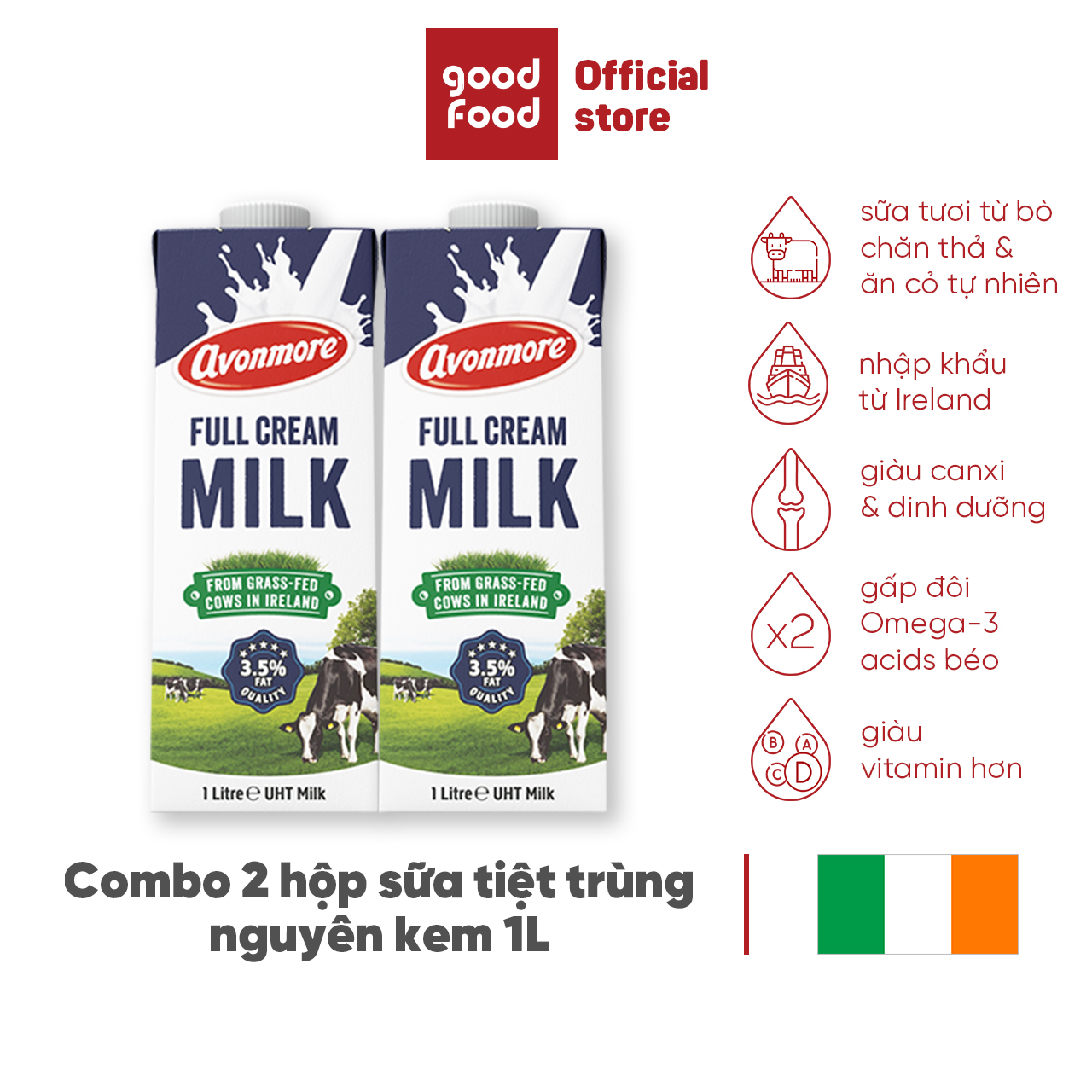 Combo 2 hộp Sữa tươi nguyên chất tiệt trùng không đường Avonmore UHT Full